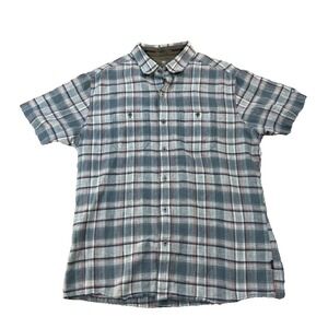 Kuhl Shirt Plaid Striped Large‎ Gray Red Metal Button Front Short Sleeve Men's